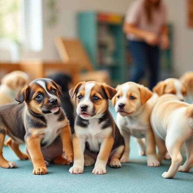 Puppies socializing calmly in a training session